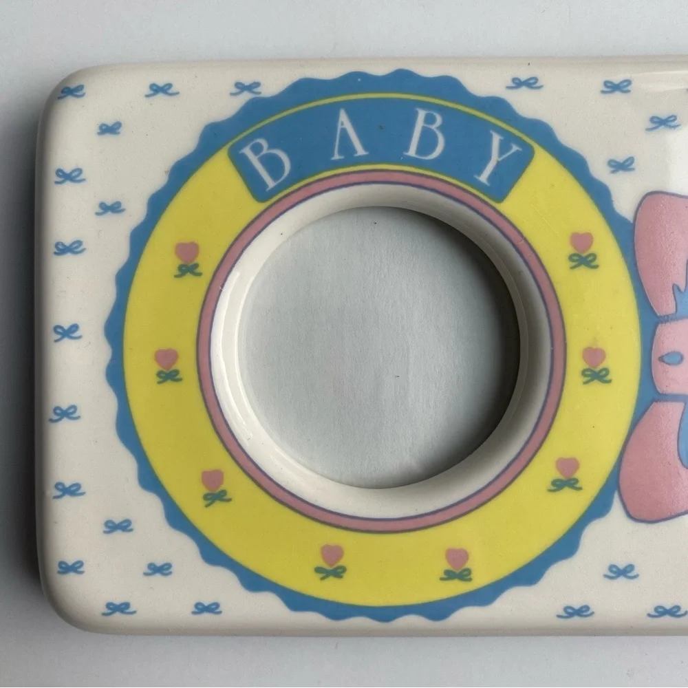 Vintage Baby Frame Ceramic Photo Girl Rattle With Bow Yellow 7” X 4” Photo: 2”